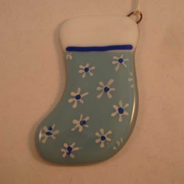 Fused Glass Stocking Christmas Decoration -  Pale Blue with White Flowers