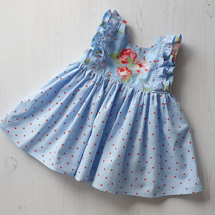 Age 12-18 months Handmade Clara Blue and Red Floral and Spot Ruffle Dress
