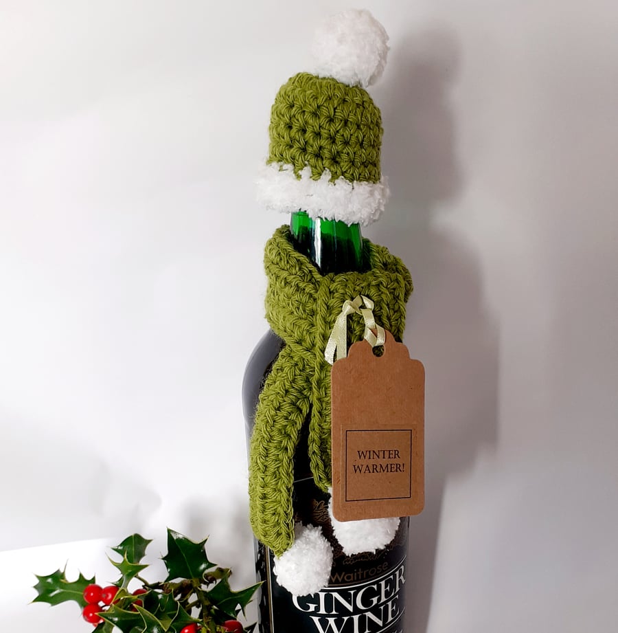 Crochet Hat and Scarf Bottle Decoration . Green