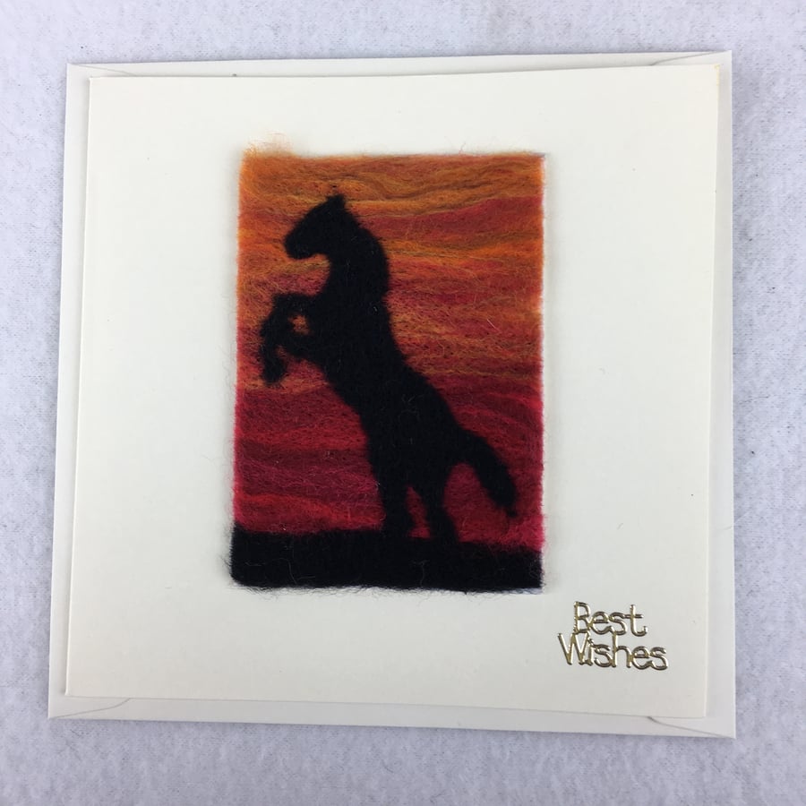 Needle felted  card, best wishes, removable ACEO, rearing horse in sunset