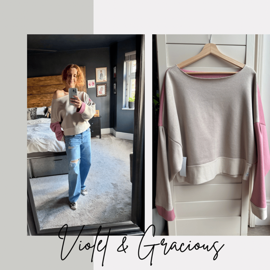 Boyfriend Sweater . Pink and Beige Sweater  . Off The Shoulder Sweater . size 12