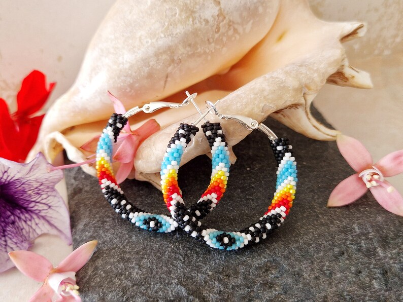 Black Native Beaded Hoop Earrings