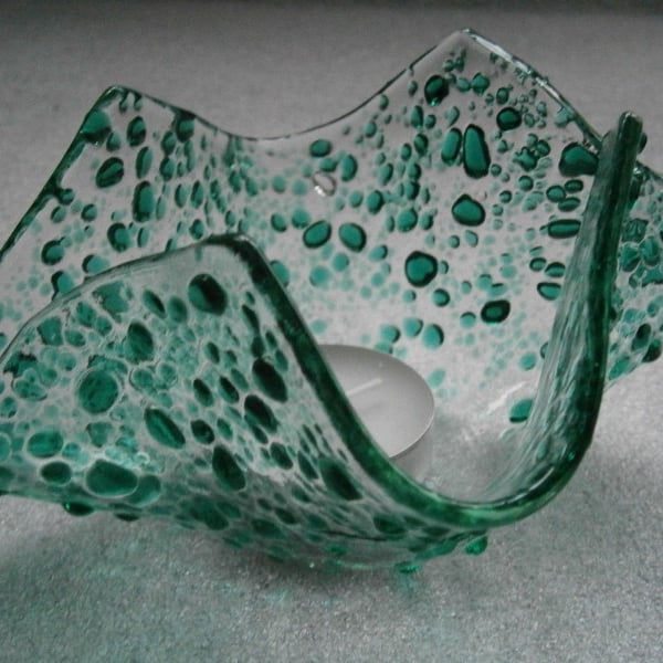 Reduced - Speckled fused glass tea light holder