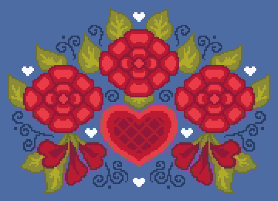 307 - Valentine Roses Cross Stitch Pattern: Mexican Folk Art Heart (PDF Chart) 