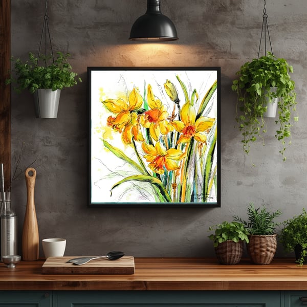 Bright Yellow Daffodil Watercolour Art Print Square Spring Floral Art