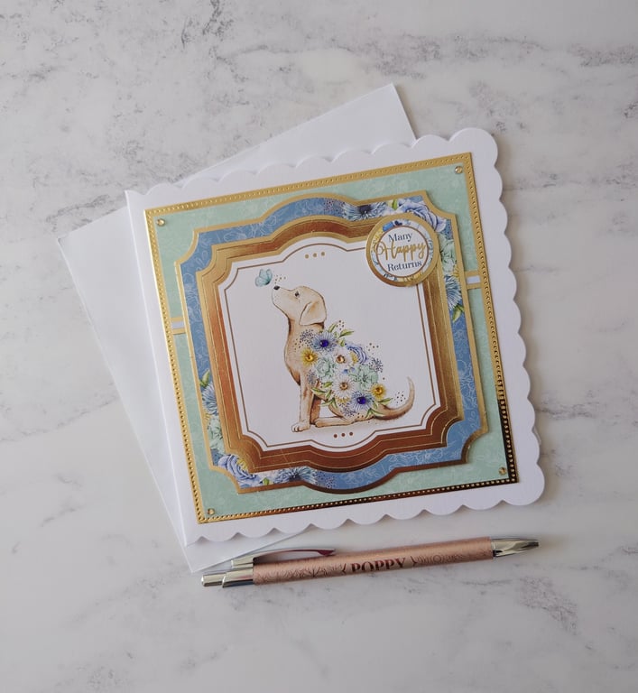 Many Happy Returns Birthday Golden Labrador Dog Flowers 3D Luxury Handmade Card