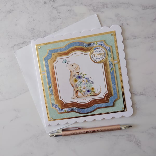 Many Happy Returns Birthday Golden Labrador Dog Flowers 3D Luxury Handmade Card