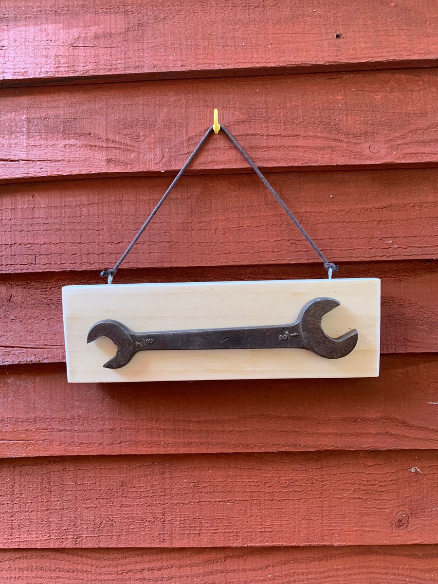 Reclaimed Wood Wall Plaque with Vintage Spanner -  Man Cave, Shed, Workshop Sign