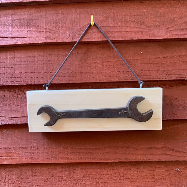 Reclaimed Wood Wall Plaque with Vintage Spanner -  Man Cave, Shed, Workshop Sign