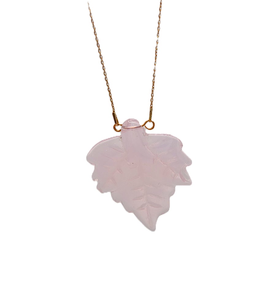 Rose quartz leaf shaped pendant with rose gold plated chain