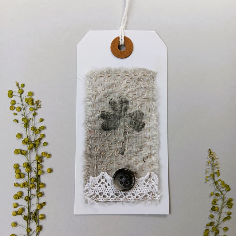 Gift Tag with Embroidered Clover Leaf Print