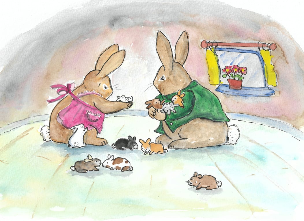 Rabbit Family Painting. Original Art