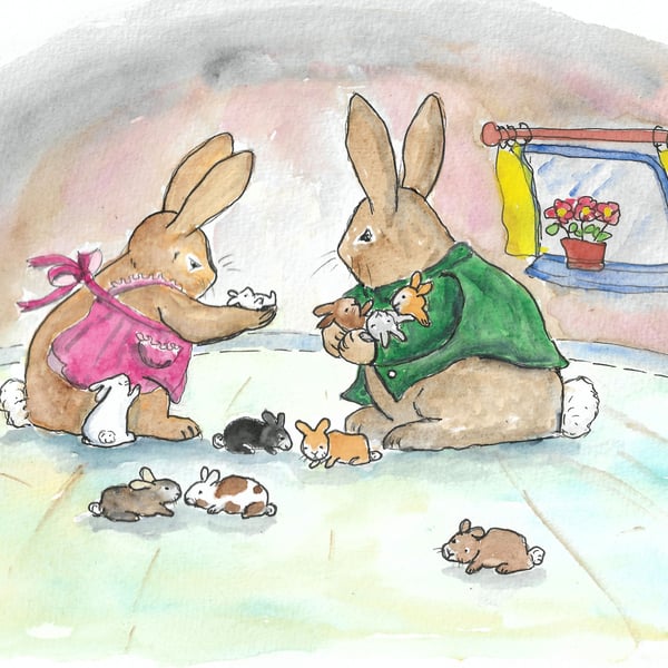 Rabbit Family Painting. Original Art