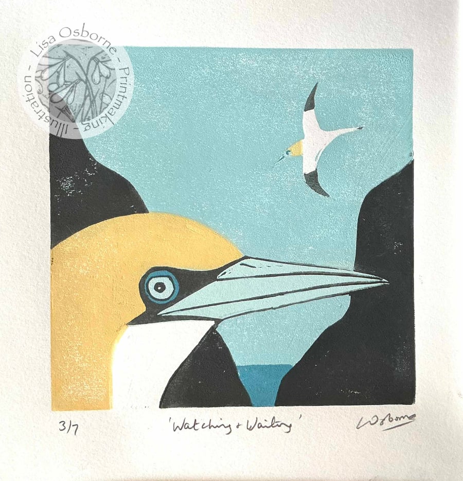 Linocut - original linocut of gannets