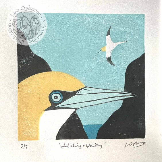 Linocut - original linocut of gannets