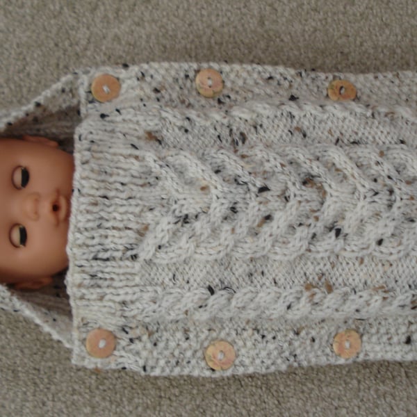 Knitted Cream Tweed Aran Doll Sleep Bag Cocoon With Wooden Buttons (A123)