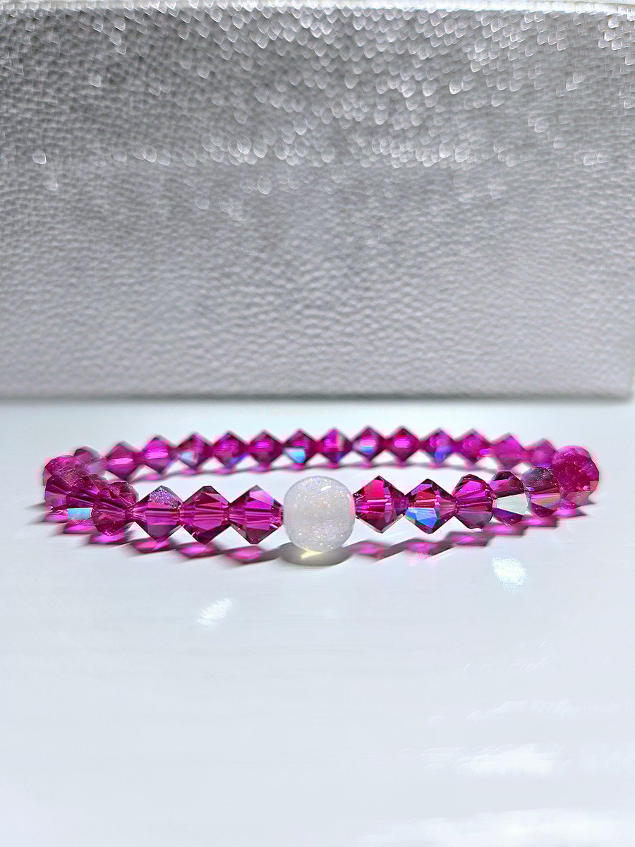 Pink Fuchsia Glitter Bicone Preciosa Crystals Bead Bracelet