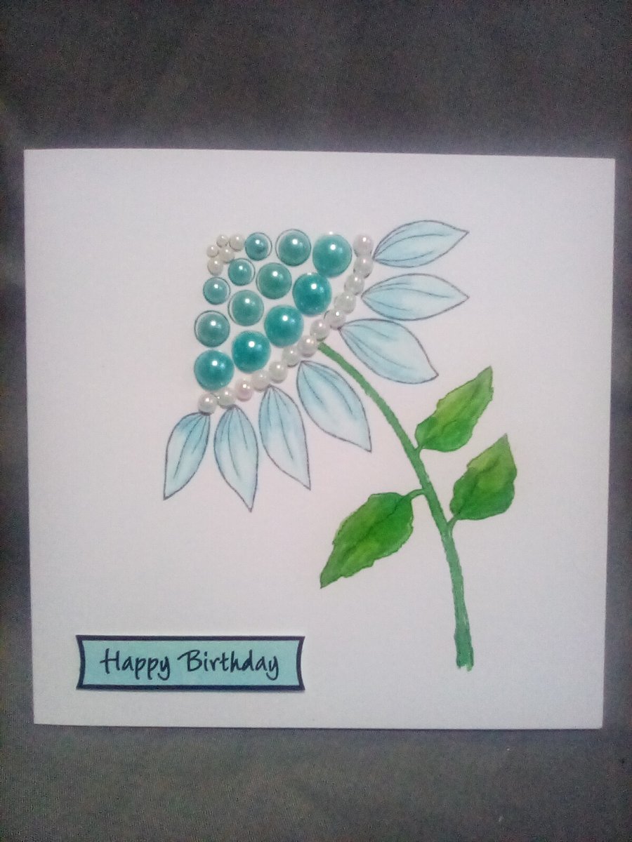 Turquoise floral watercolour and embellished handmade Birthday card