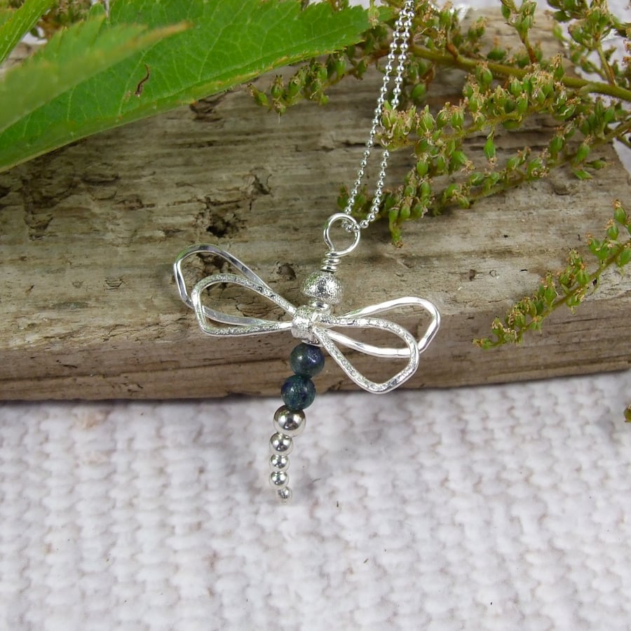 Silver Dragonfly Necklace with Chrysocolla