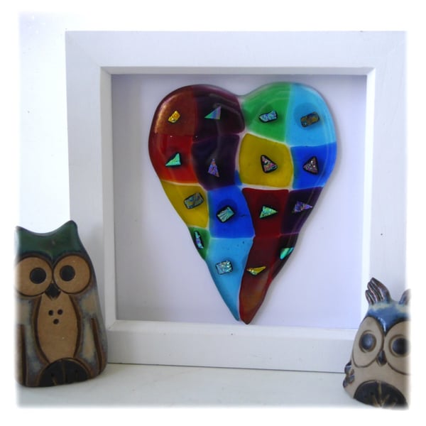 Rainbow Patchwork Heart in Box Frame Fused Glass Picture 007