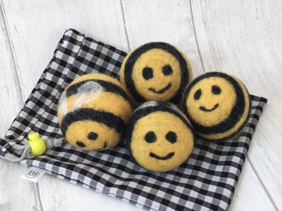 Bumble bee design Tumble dryer balls made from waste and felted wool. 