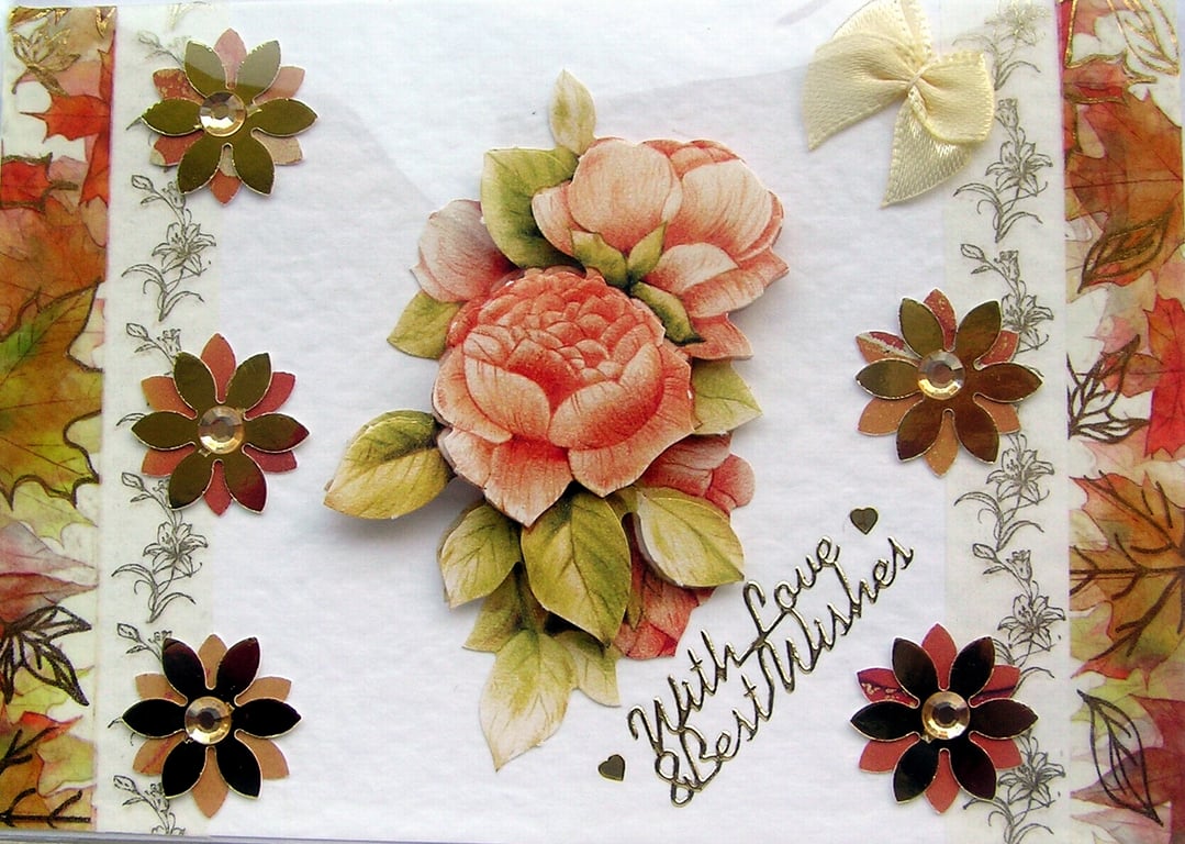Apricot Roses - Hand Crafted Decoupage Greeting Card - With Love 2787