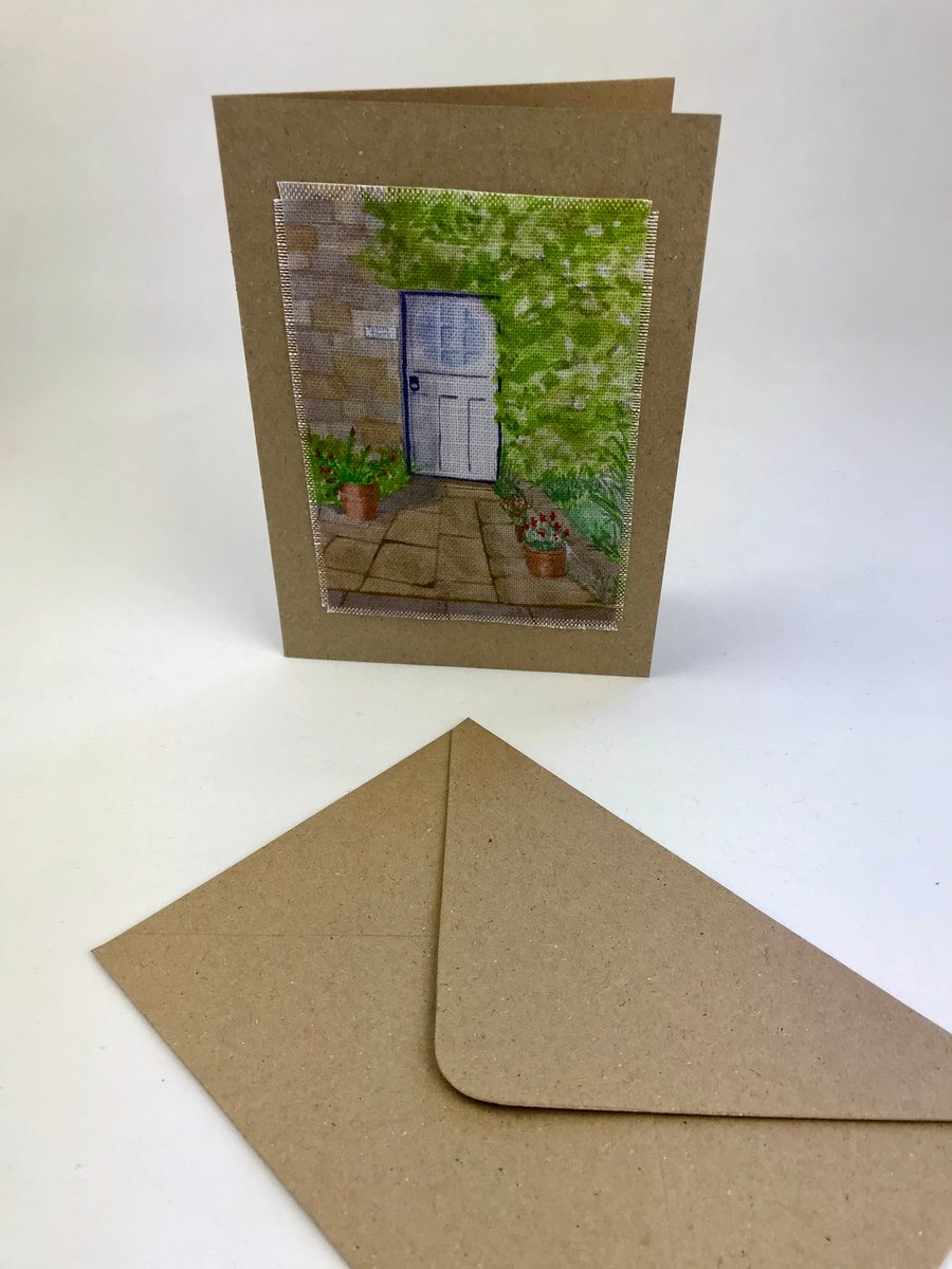 Cottage Door Watercolour Textile Greetings Card