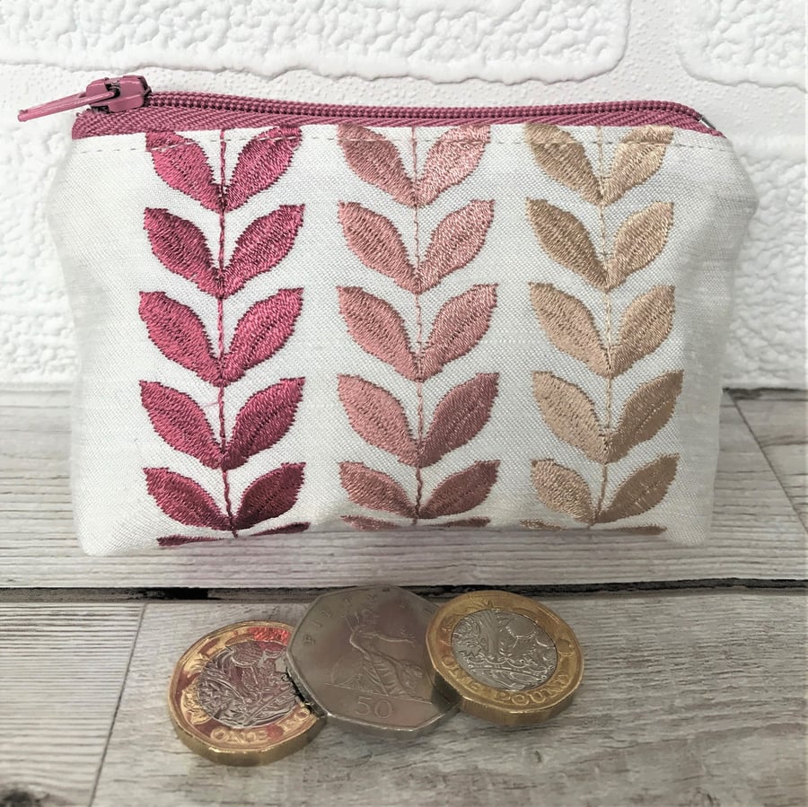 Small purse, coin purse in ivory with pink leaf pattern