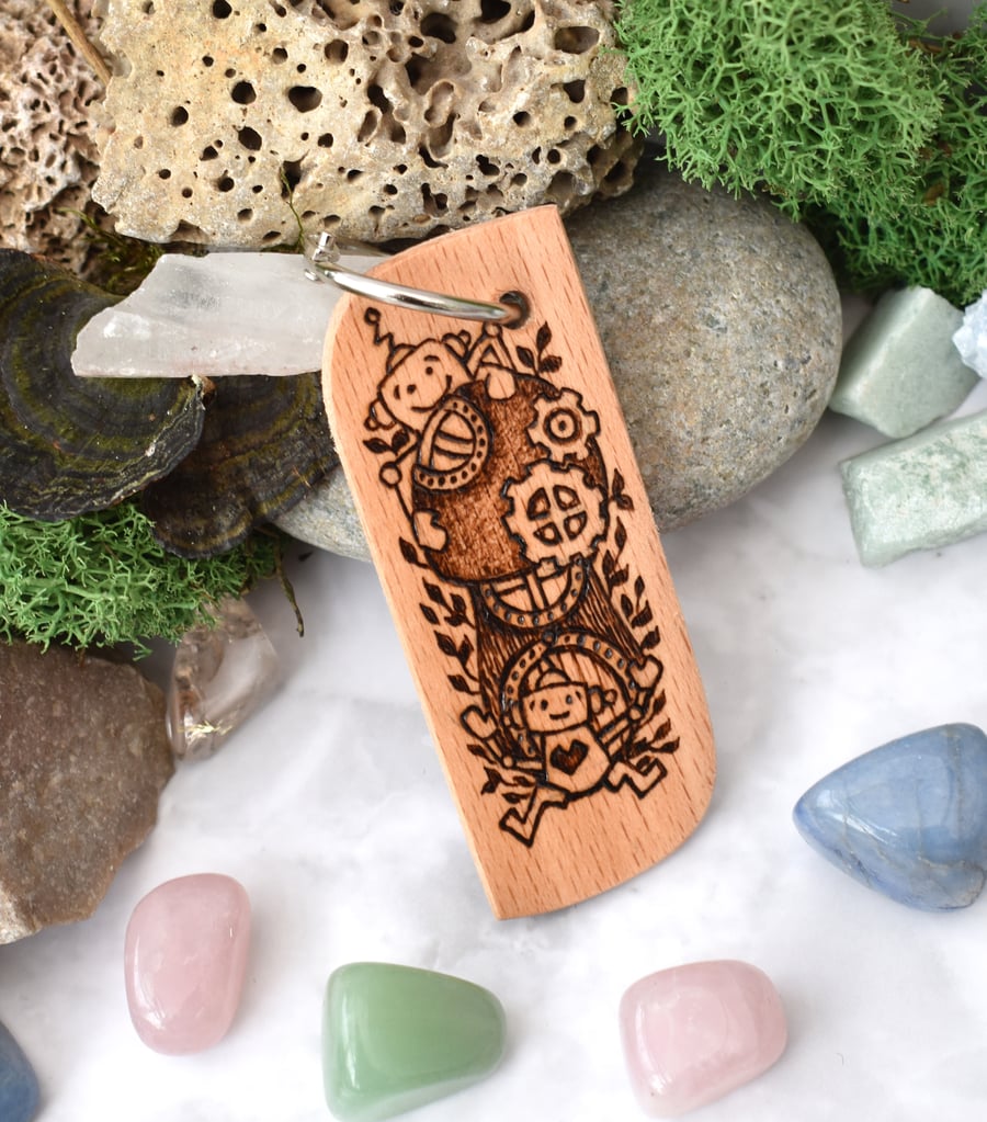 A house fit for a steampunk robot. Pyrography key ring.