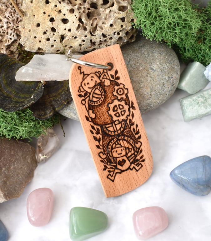 A house fit for a steampunk robot. Pyrography key ring.