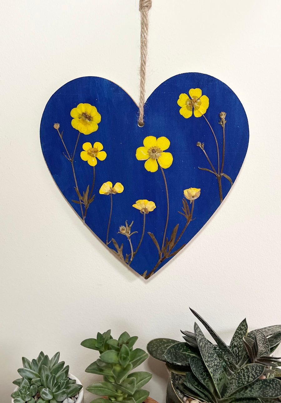 Real Pressed Buttercups, Hand Painted Hanging Wooden Heart, Botanical Art
