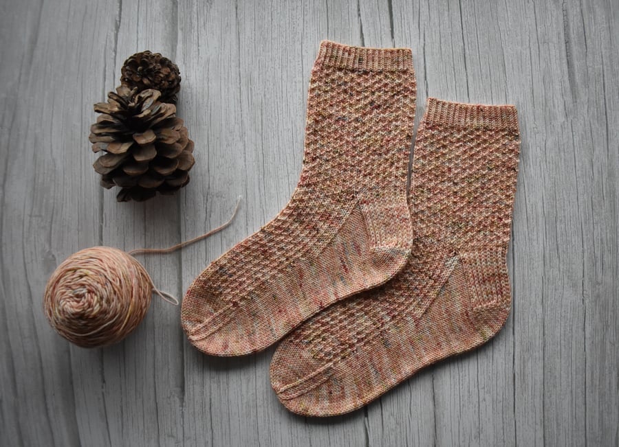 Merino wool hand knitted socks with a rib pattern. Unique soft knitted socks.
