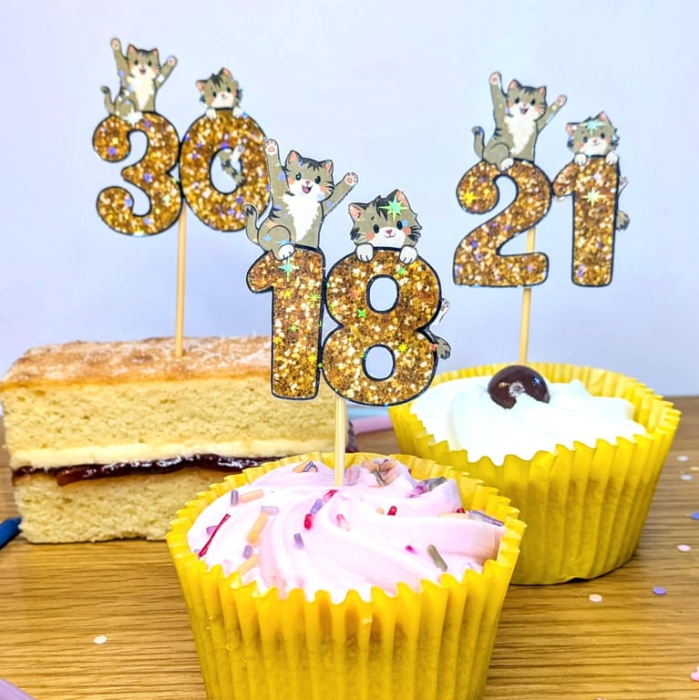 Cat Birthday Cupcake Toppers, Holographic Sparkle Age milestone Cake Decorations