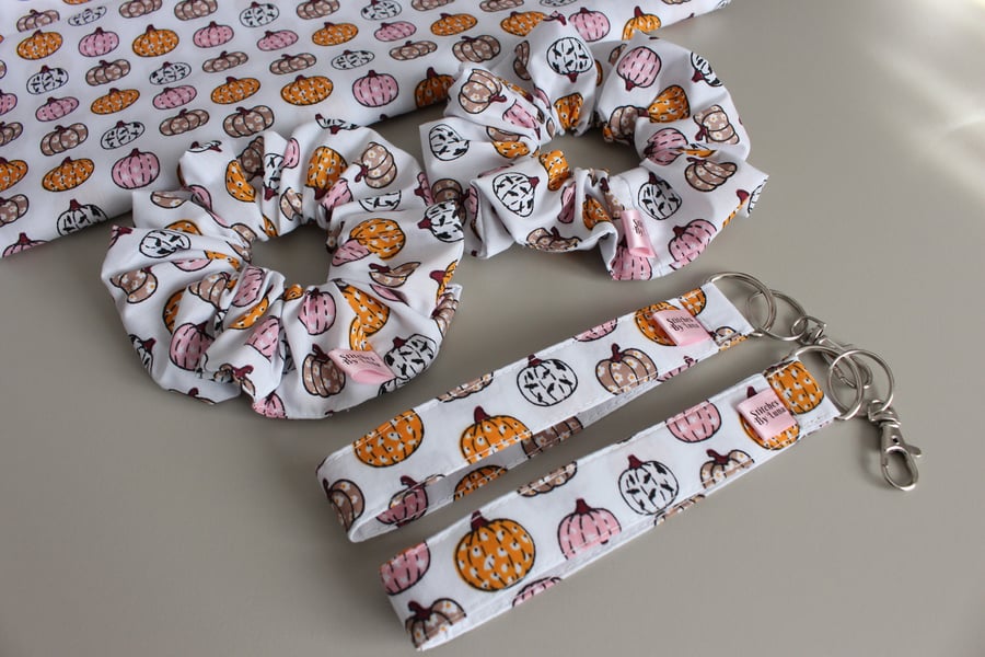 Handmade Pumpkin Scrunchies & Wristlet Set, Autumn Fall Halloween Accessories