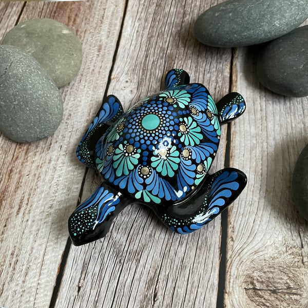 Blue Turtle Mandala Rock Art Stone Acrylic Art Painting Hand Painted Unique
