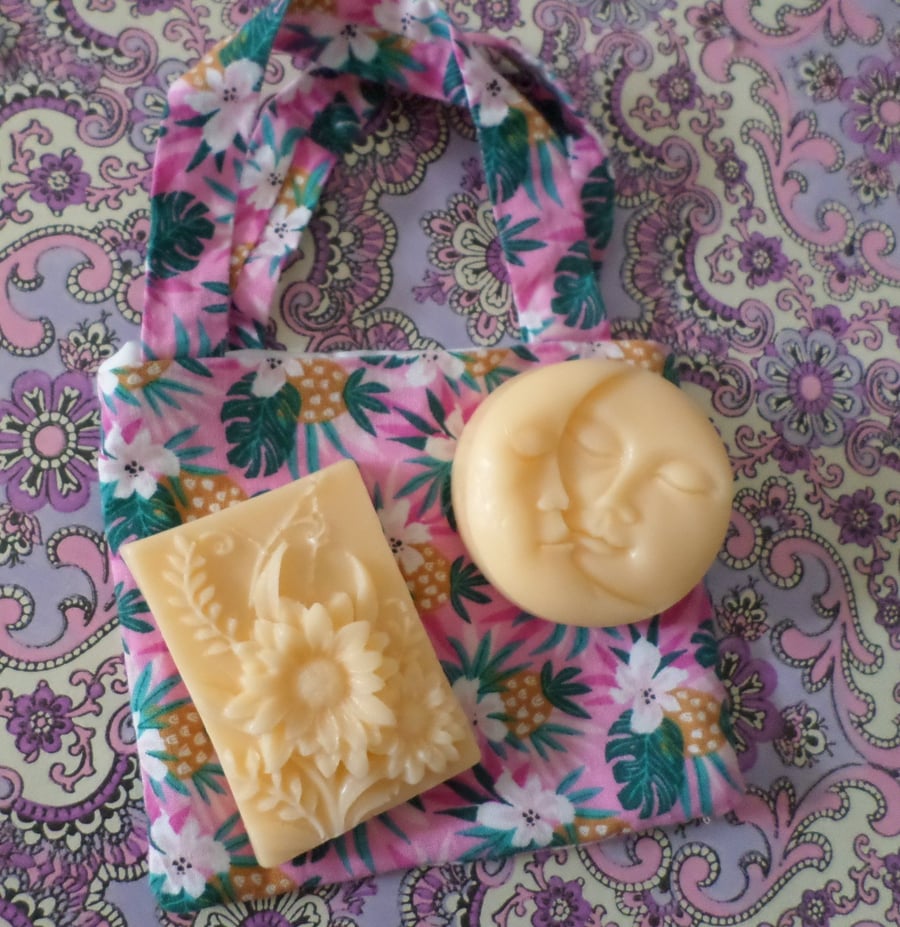 Set Of Two Orange And Neroli Sculpted Aromatherapy Soaps With Lined Cotton Bag