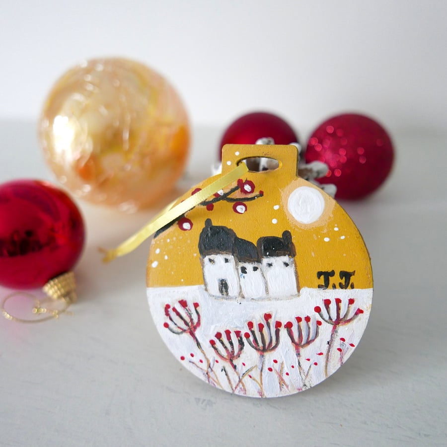 Yellow Christmas Decoration, Winter Landscape Painting, Hand-painted Ornament