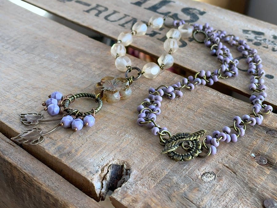 Bohemian Style Brass Leaf Necklace. Czech Glass Flower Necklace. Purple Necklace