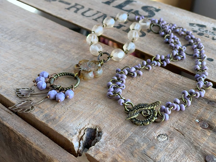 Bohemian Style Purple & Cream Necklace with Brass Leaf and Czech Glass Flower 