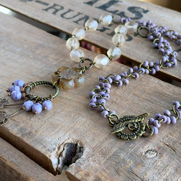 Bohemian Style Purple & Cream Necklace with Brass Leaf and Czech Glass Flower 