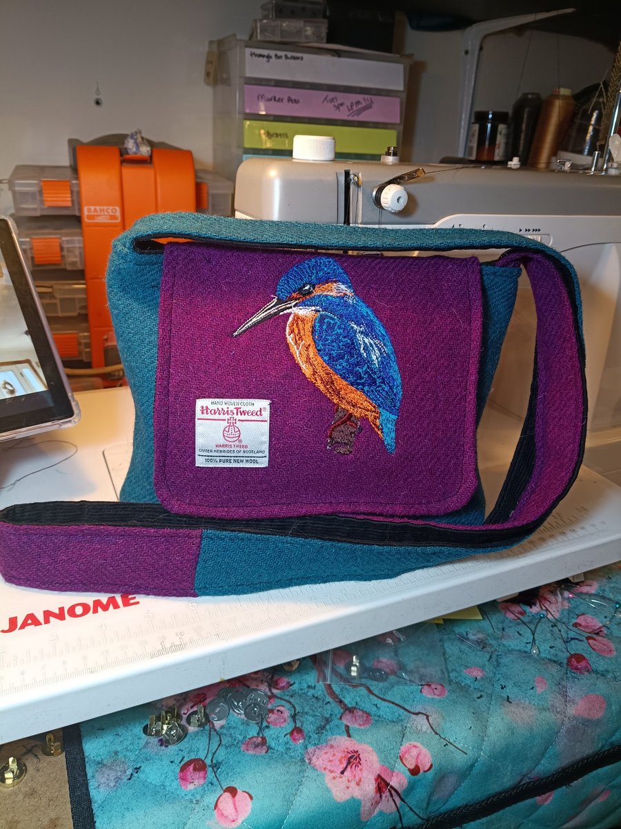 Harris tweed cross body bag with embroidered Kingfisher 