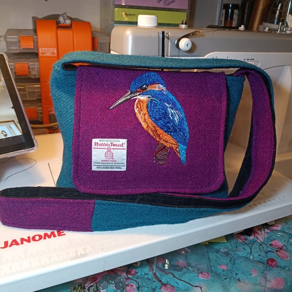 Harris tweed cross body bag with embroidered Kingfisher 