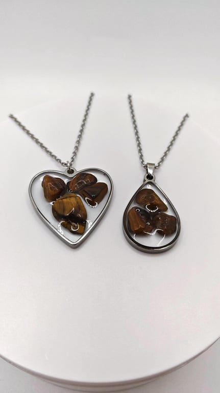 Handmade Tiger's Eye Resin Pendant: Natural Gemstone Chips Necklace 