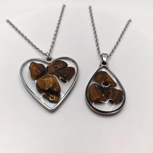 Handmade Tiger's Eye Resin Pendant: Natural Gemstone Chips Necklace 