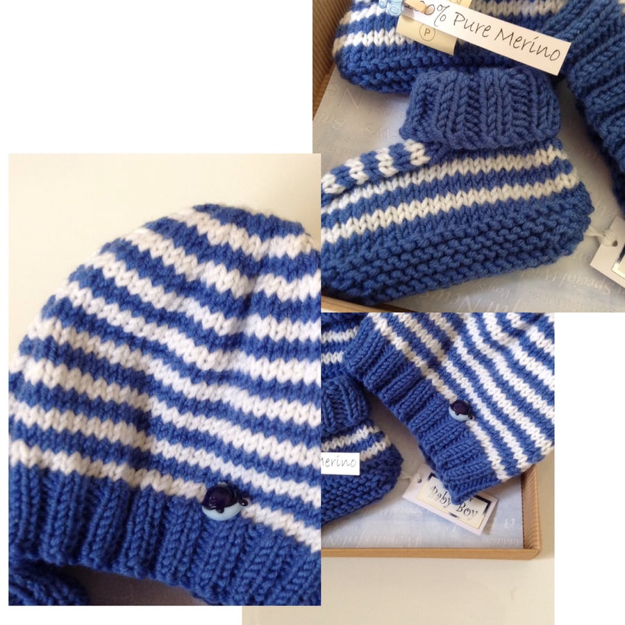 Hand knitted in merino wool blue & white baby hat and bootie gift set