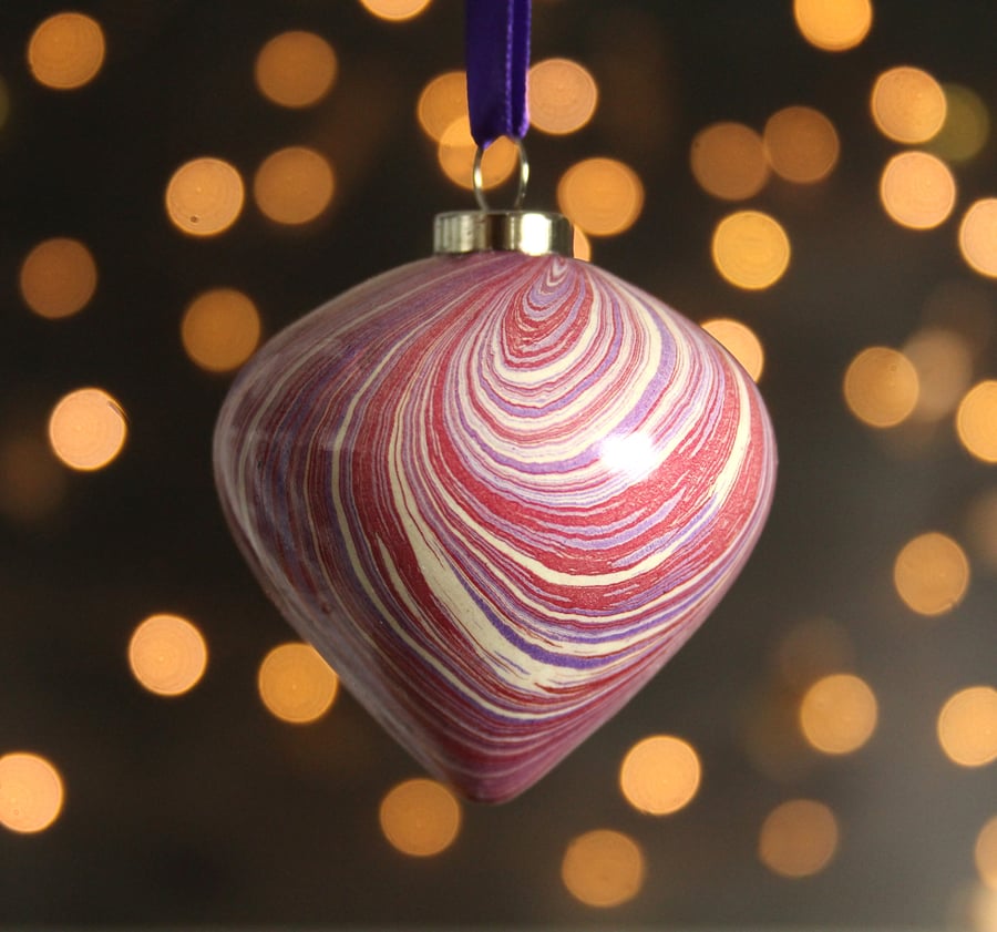 Marbled Christmas ceramic decoration bauble crimson, purple and gold