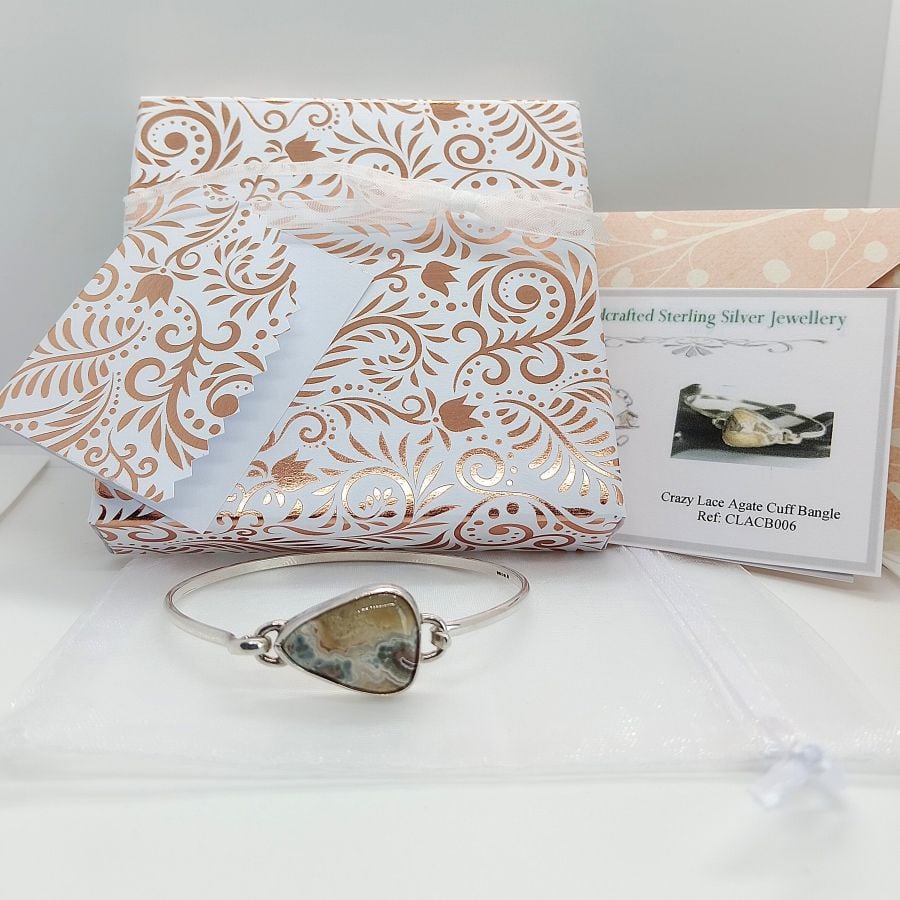 Sterling Silver Bangle Crazy Lace Agate Gemstone  fully Hallmarked 