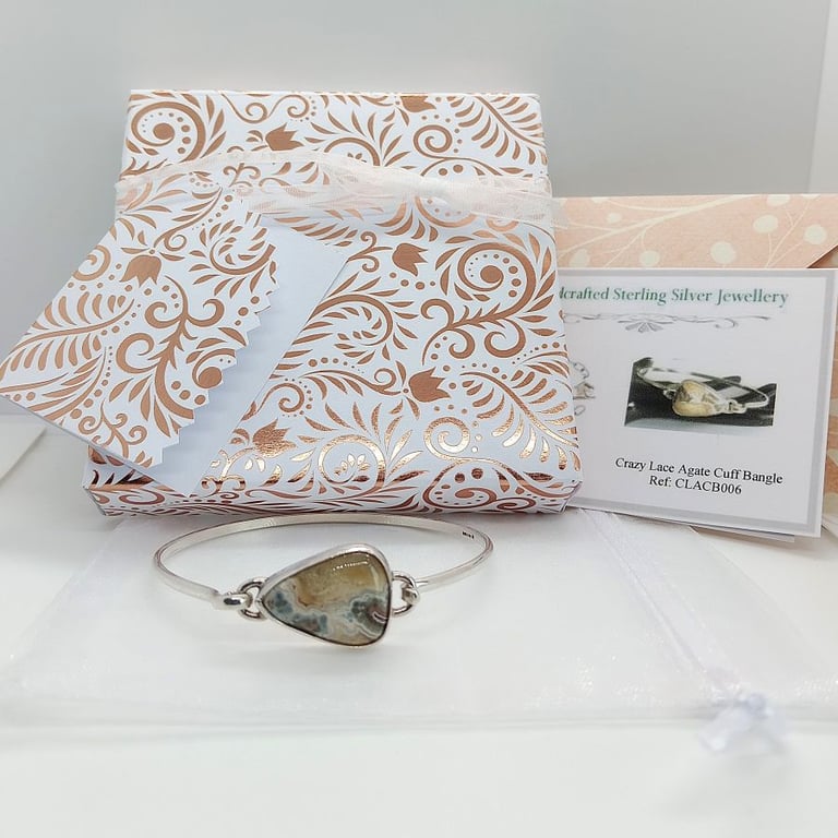 Sterling Silver Bangle Crazy Lace Agate Gemstone  fully Hallmarked 