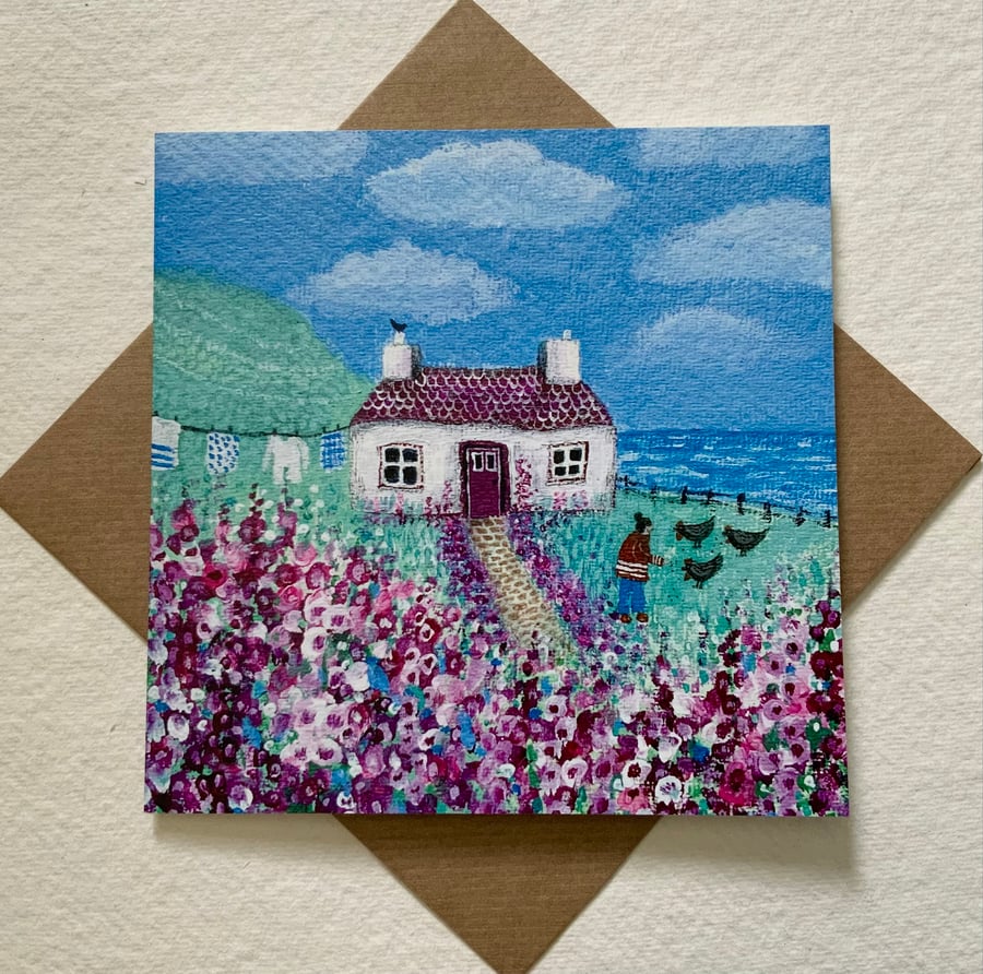 Hollyhock Cottage, blank greetings card