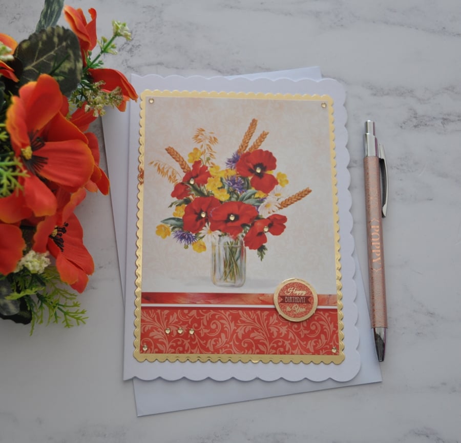 Red Poppies Birthday Card Happy Birthday To You 3D Luxury Handmade